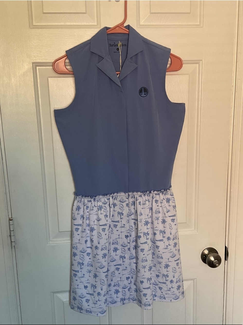 Turtles & Tees Blue Sleeveless Collared Mini Golf Dress with Printed Skirt